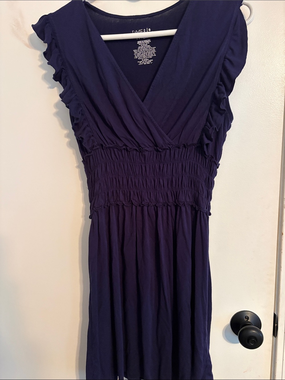Navy Blue Ruffled V-Neck Smocked Waist Dress
